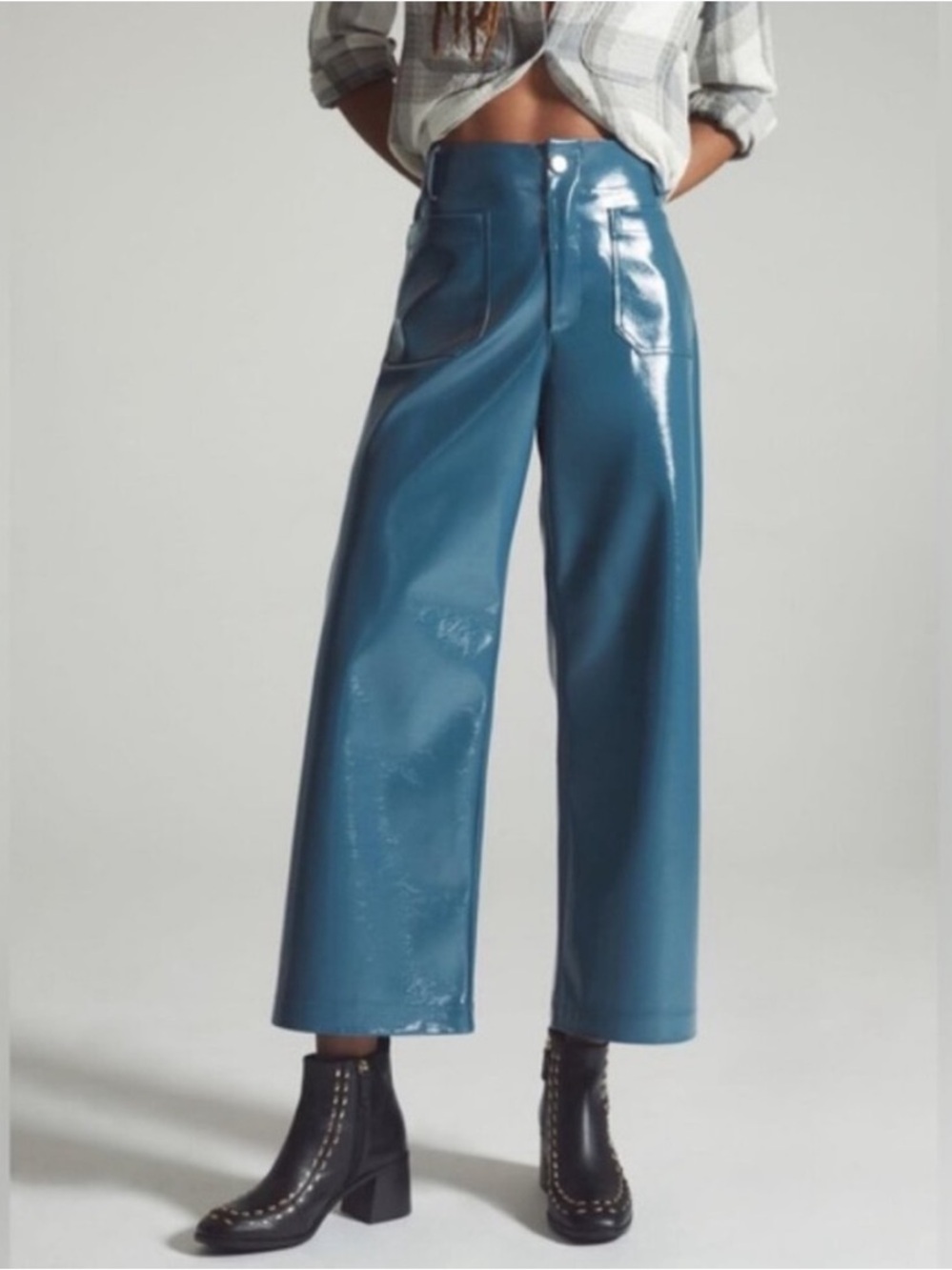 Maeve Anthropologie The Colette Patent Leather Cropped Pants Teal - Size 28